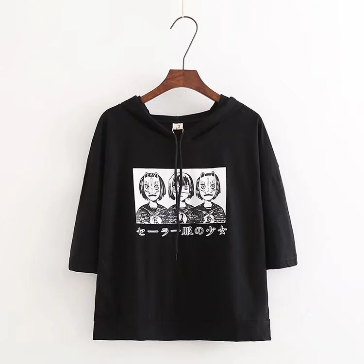 Hoodie T-shirt Japanese Anime Mask Girls Japanese Print T-Shirt Sleeve Semi-Loose Casual Top