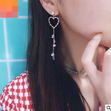 Zircon love tassel earrings super fairy retro temperament simple wild heart long earrings
