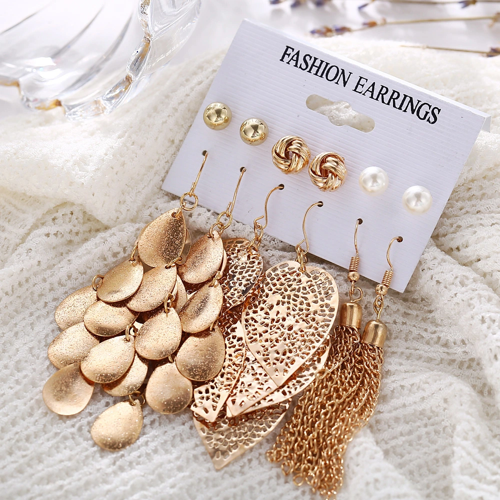 6 pairs of plate pearl earrings set hollow leaf woven earrings