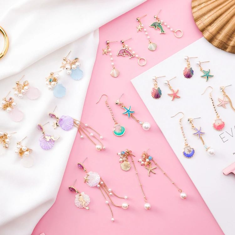 Japanese cartoon asymmetrical seaside holiday wind starfish shell pearl earrings wild cute color earrings earrings