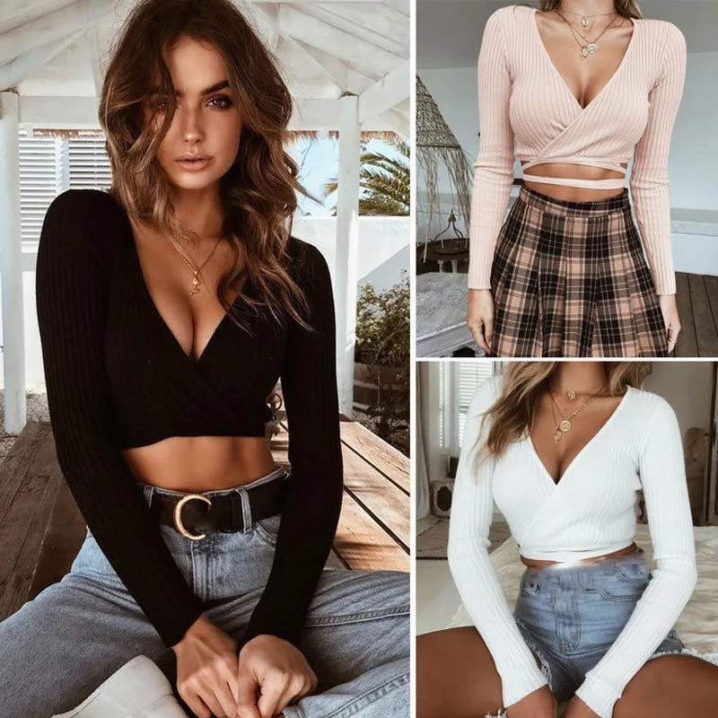 2021 Sexy Women Ladies Summer Slim Crop Tops Long Sleeve T Shirt Casual Solid V Neck Knitted Short Tops