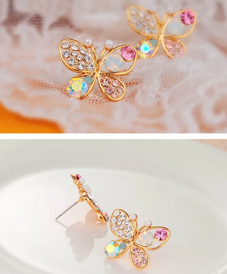 Pearl Butterfly Stud Earrings Colorful Necklace Temperament Stud Earrings