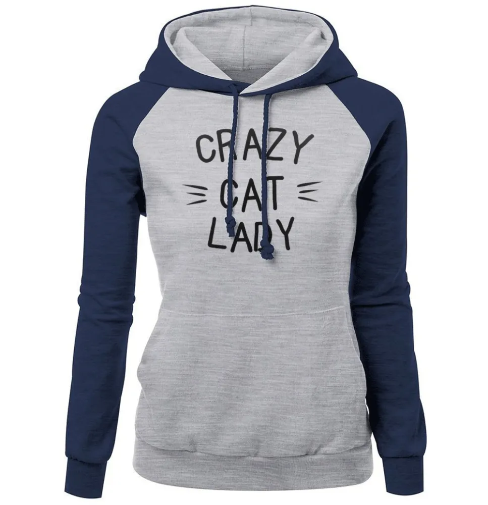 Kawaii Hoodies Print CRAZY CAT LADY Women's Sportswear New Arrival Autumn Winter Fleece Sweatshirts Raglan Hoody For Women