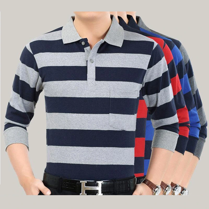 2021 autumn suits, new mid aged men's striped Lapel T-shirt, daddy's long sleeve T-shirt, men's bottoming shirt