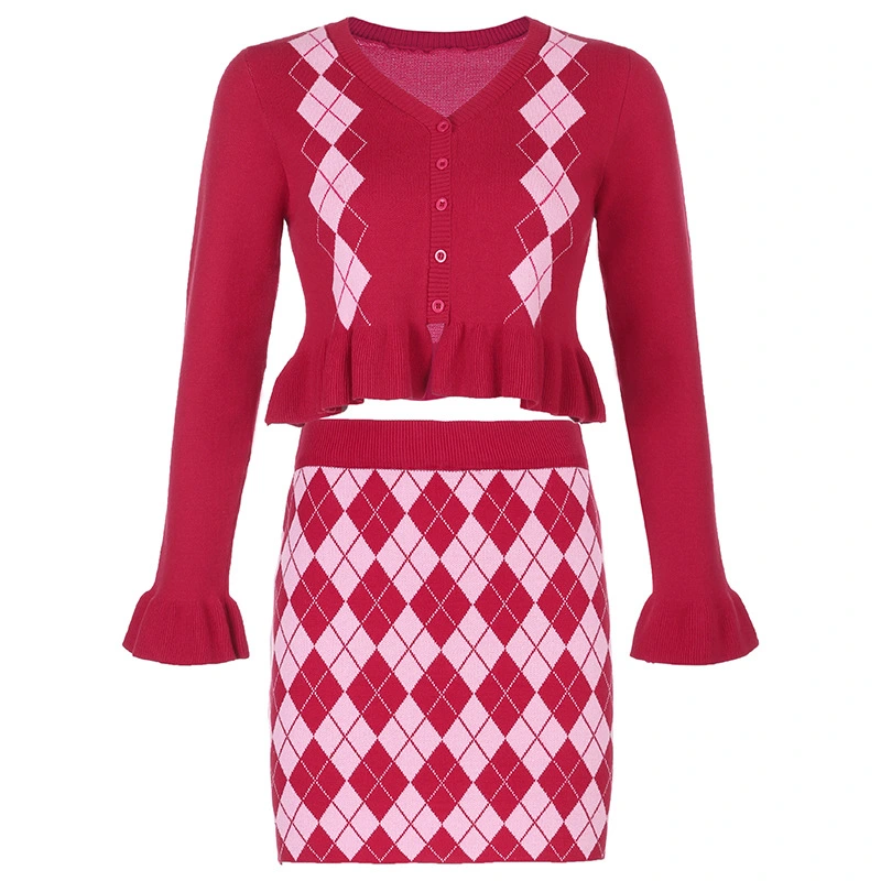 Diamond Check Cardigan Knitted Tight Skirt Suit