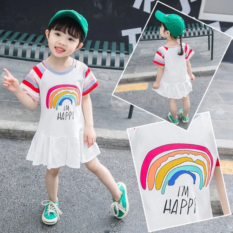 Children's Wear 2021 Summer Girls Set Casual Rainbow Striped Dress Fashion Western Princess Dress