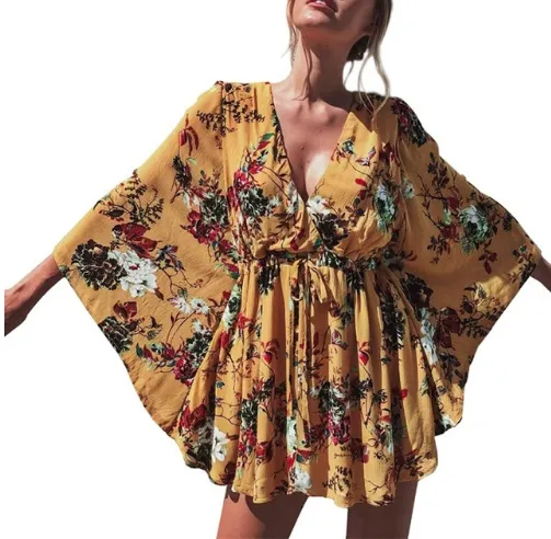 Boho Flower Batwing Sleeve Dress