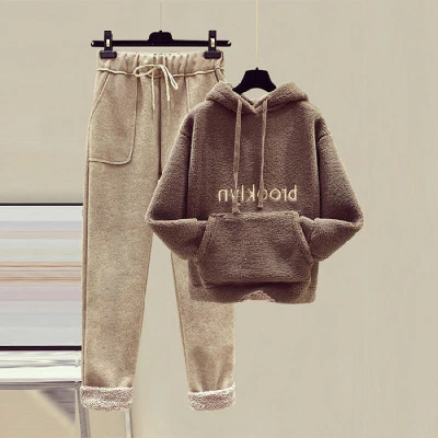 Loose plus fleece sweater woolen casual pants suit