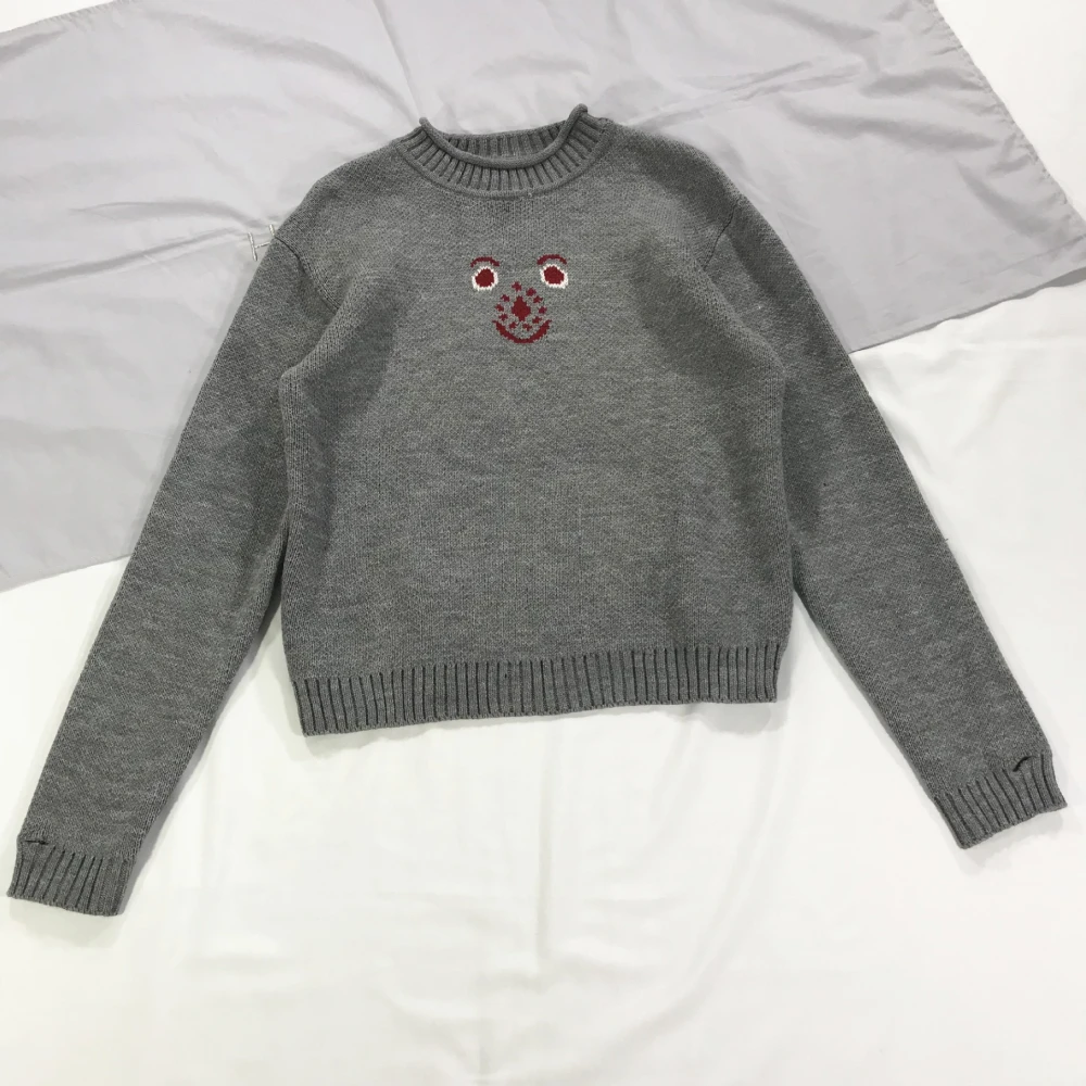 Cartoon bear smiley face avatar half-high collar gray pullover bottoming sweater