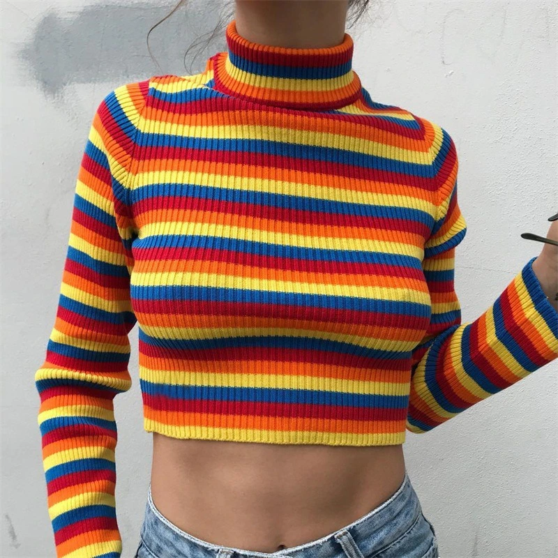 Long-sleeved colorful striped slim sweater