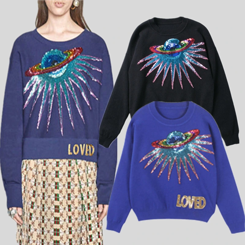 Planetary sequin embroidery rabbit sweater Round neck sleeve long sleeve sweater