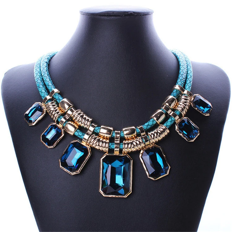 Alloy double-layer leather square crystal stone clavicle chain