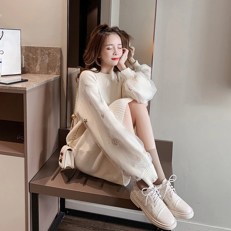 Long Lace Sleeve Stitching Loose Lazy Sweater