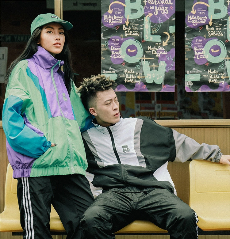 Trendy hip hop stitching jacket coat contrast color windbreaker jacket male