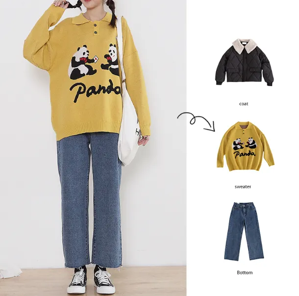 Japanese Children's Panda Playing Cards Polo Collar Pullover Sweater Loose Wild Sweater Sweater Women Autumn And Winter