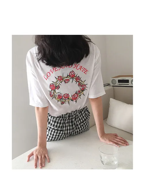 Back letter rose print T-shirt
