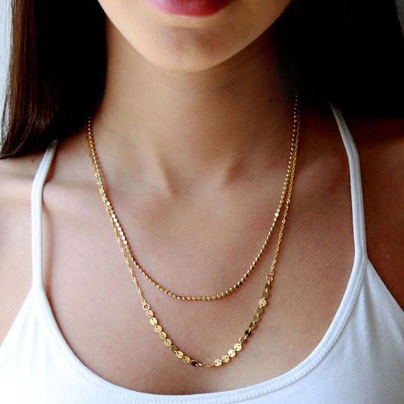 Metal disc double layer short clavicle necklace