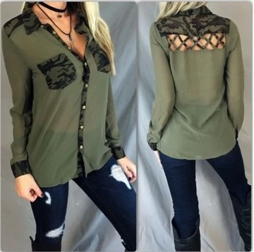 Cardigan Chiffon Paneling Camouflage Pocket Shirt Top T-Shirt