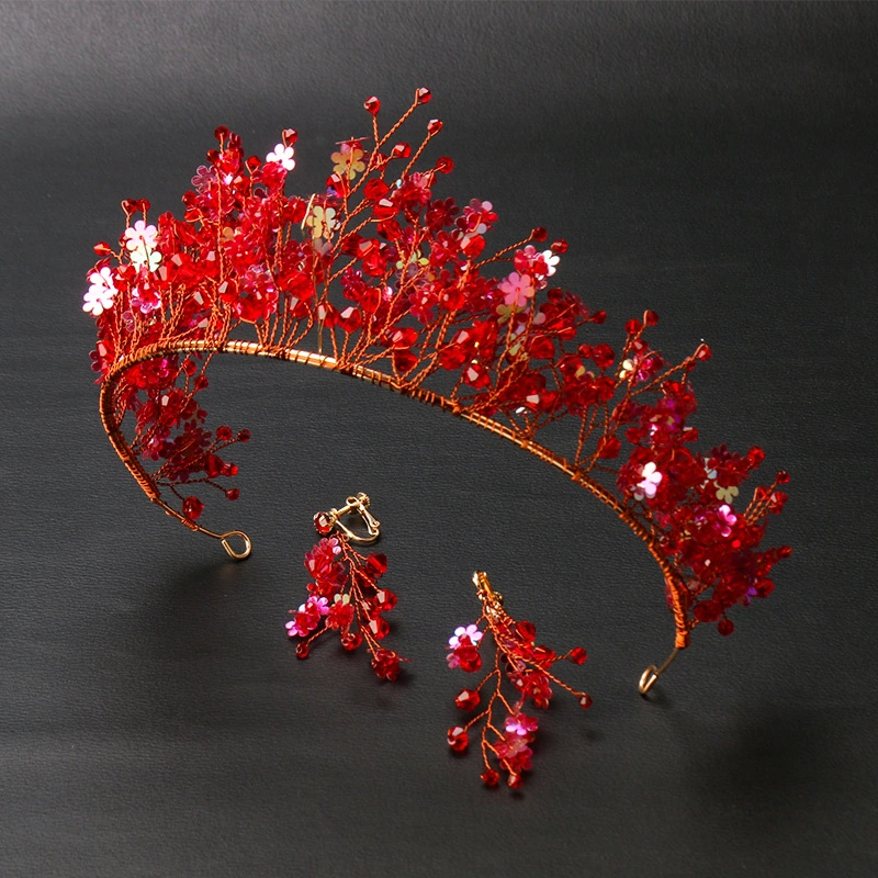 Handmade Hair Ornaments Red Crystal Crown Chinese Wedding Headdress