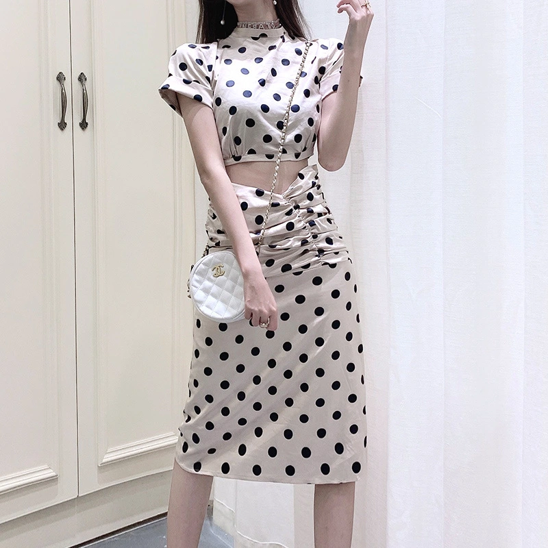 Lace-up short-sleeved high-waist pleated skirt set