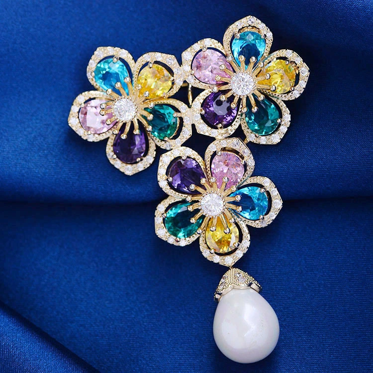 Vintage Colorful Zircon Flower Pearl Brooch Accessory