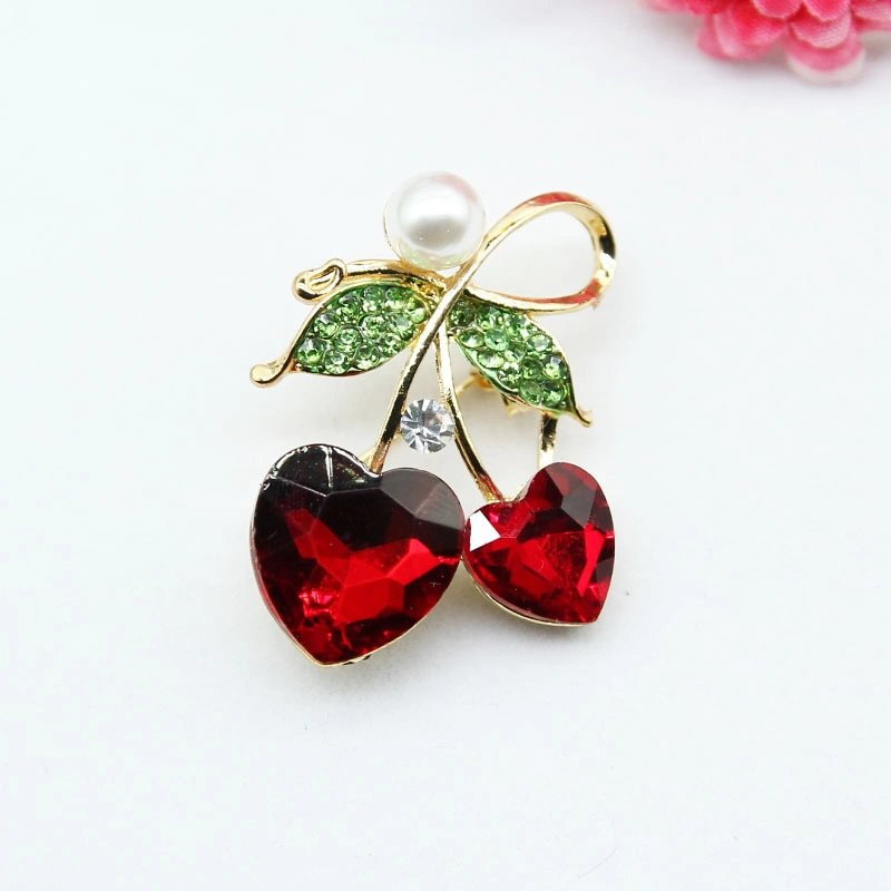 Red glass peach heart love brooch