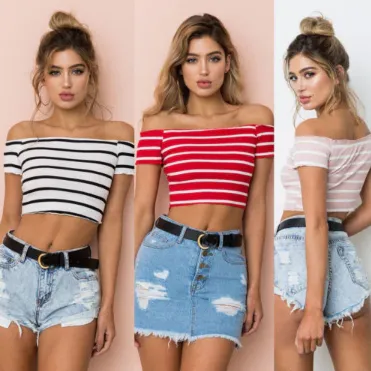 Off shoulder sexy striped top tees cropped women short sleeve crop tops women jumper 2021 winter sweater pull femme