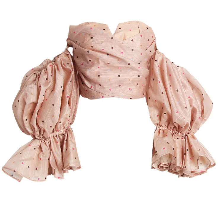 Puff Sleeve Polka Dot Tops Pleated Half Skirt Two Piece Set