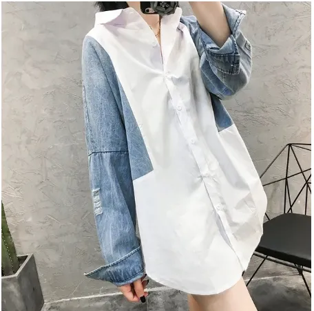 SHENGPALAE Patchwork Denim Long Sleeve Women Blouses Turn-down Collar Korean Fashion Top Summer Spring Loose Female Shirt FM1750