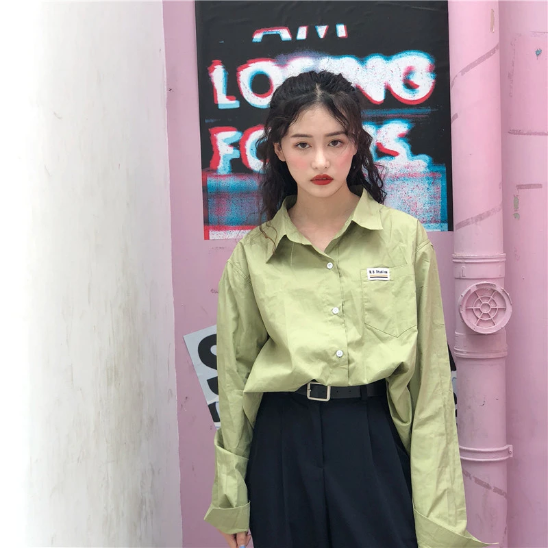 The same shirt Harajuku bf wind wild retro solid color loose casual student long sleeve tooling shirt