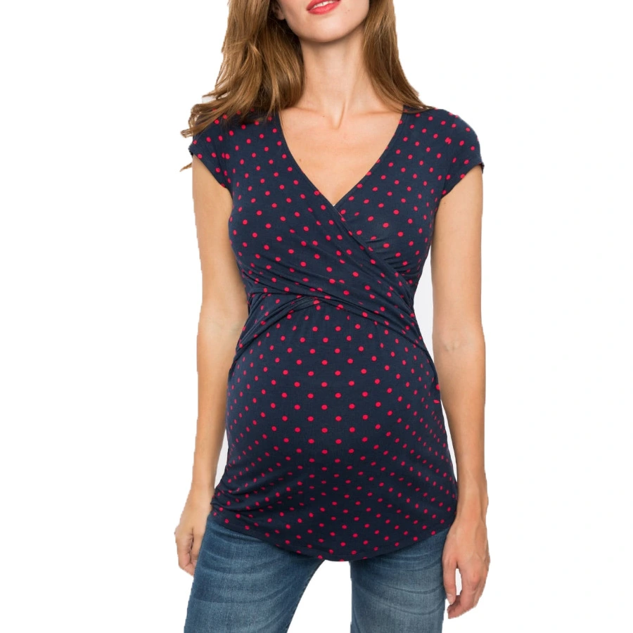 Cross V-neck Maternity Polka Dot Print Short Sleeve Nursing Top