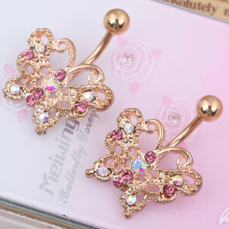 Gold rose butterfly navel ring