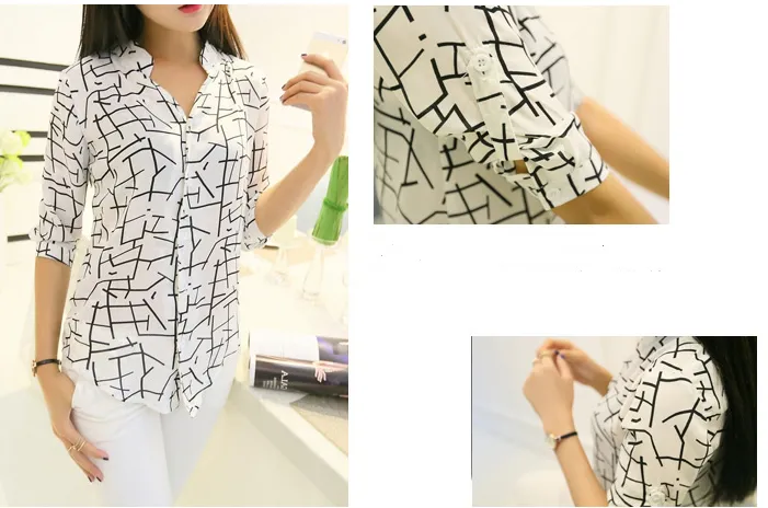 Korean women's striped short-sleeved chiffon shirt women's seven sleeves