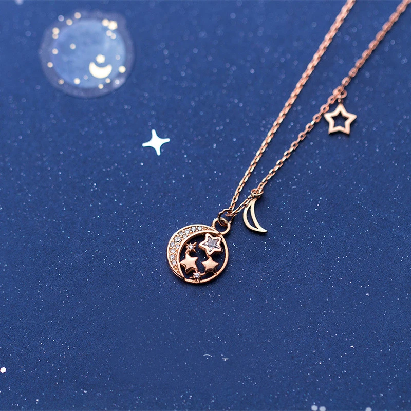 Female s925 star and moon silver necklace