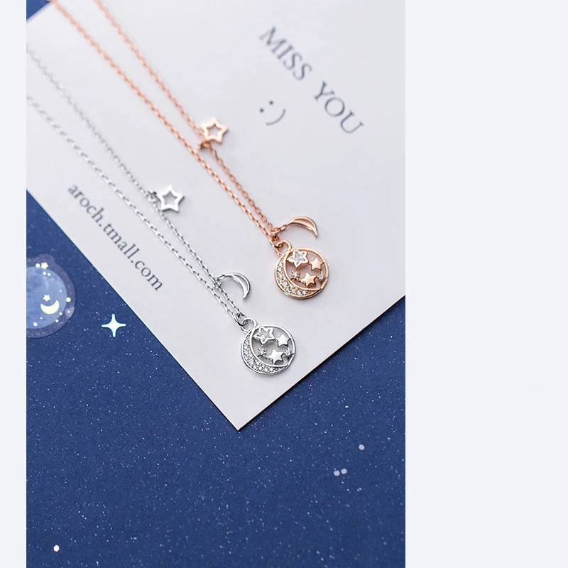 Female s925 star and moon silver necklace