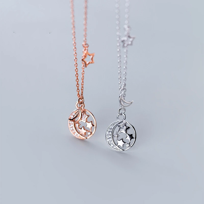 Female s925 star and moon silver necklace