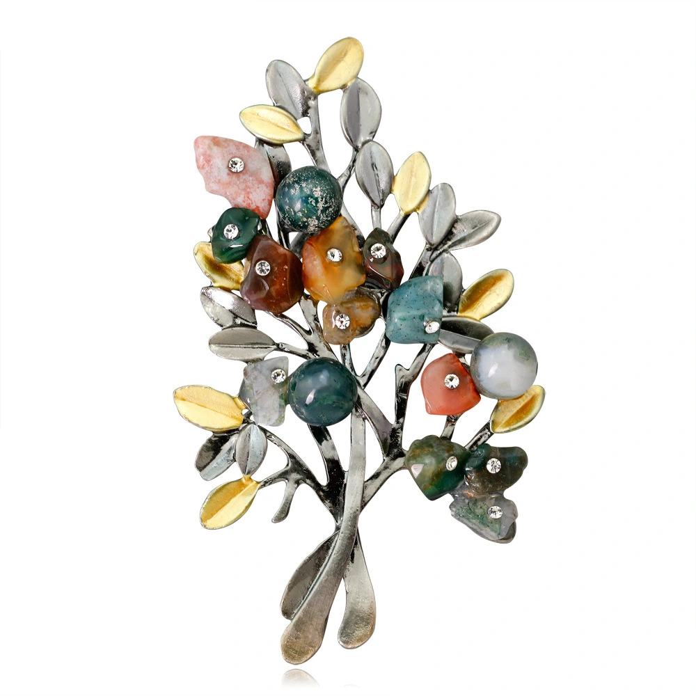 Natural Colored Stone Christmas Tree Brooch