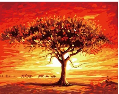 Elephant and tree and sunset painting