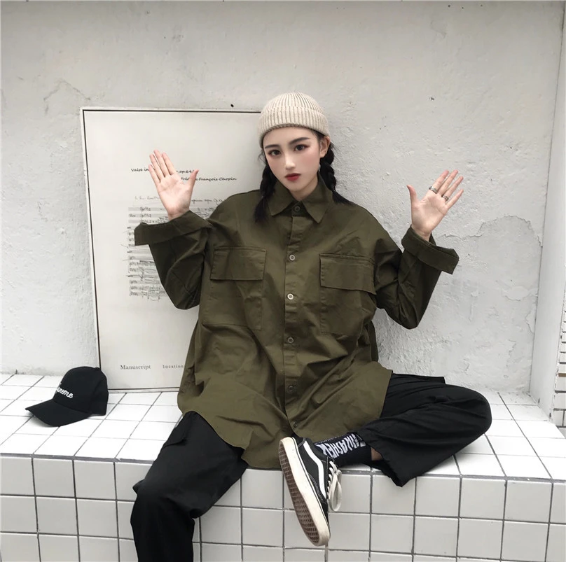 Retro lapel long sleeve shirt loose slim pocket jacket