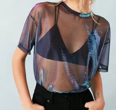 European station laser mesh short-sleeved T-shirt casual perspective shirt ladies