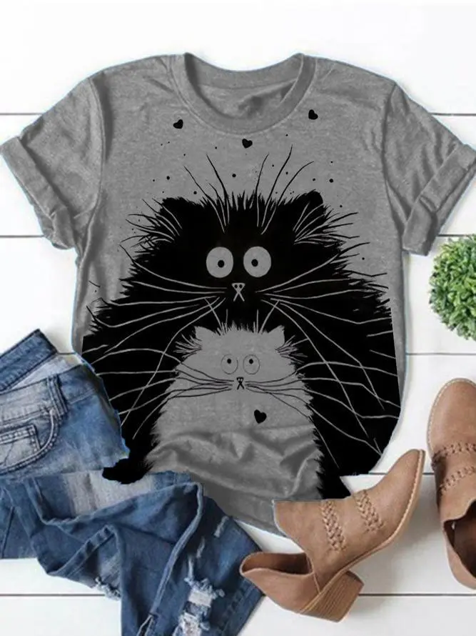 Zinc Cat Print Fashion Casual Short Sleeve T-shirt