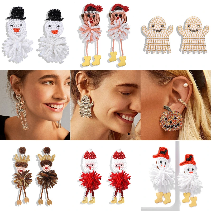 Trendy Bauble with rice beads Elk Snowman Earrings