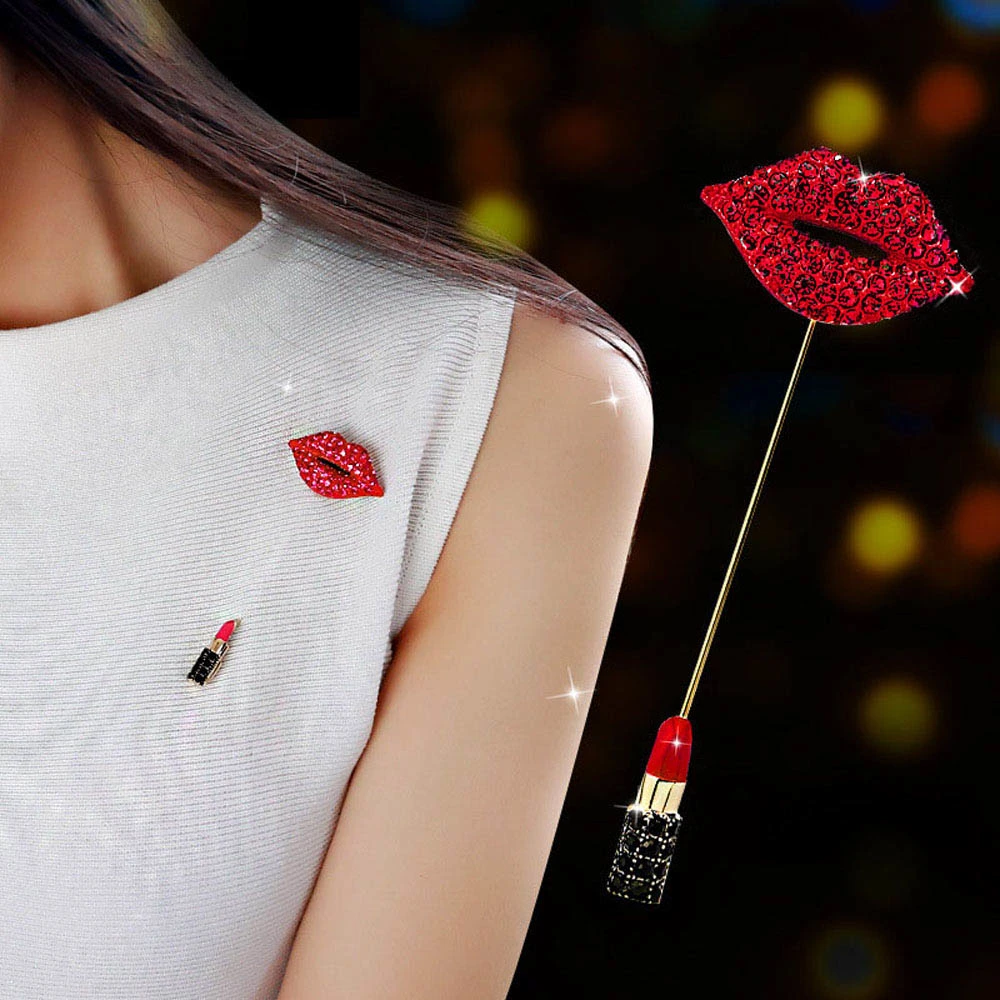 Diamond red lip lipstick brooch