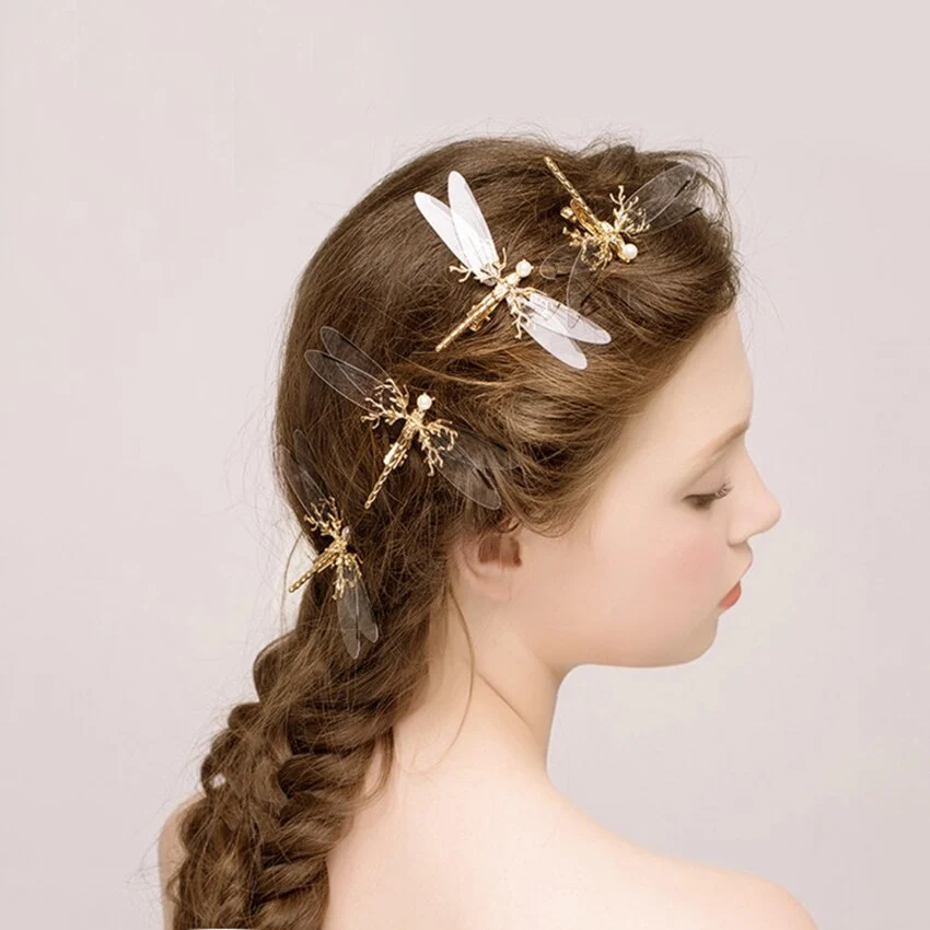 Golden Three-dimensional Dragonfly Hairpin Antique Alloy Jewelry cChildren Girls Korean Version