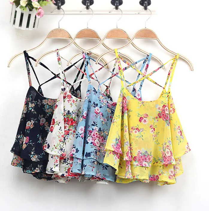 2021 Blusa Hot 4Colors Women Summer Strap Floral Print Chiffon Blouse Sexy Tops Retro Floral Cross-Shoulder Shirts Sleeveless T