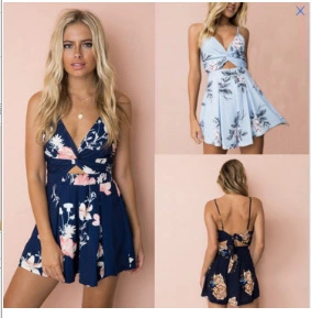 Europe and America ebay AliExpress Zinc Explosion Hot 3 Color Strap Print Jumpsuit ebay Hot Sale