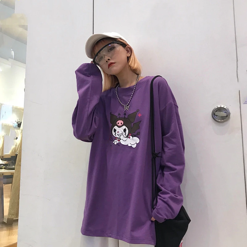 Ladies Purple Long Sleeve Pullover Print T-shirt Top