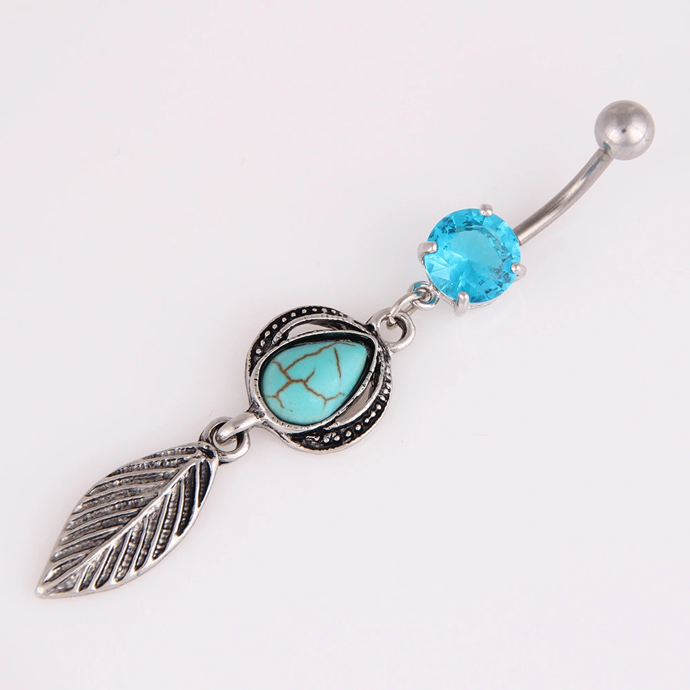 Turquoise Water Drop Leaves Belly Button Ring Stainless Steel Belly Button