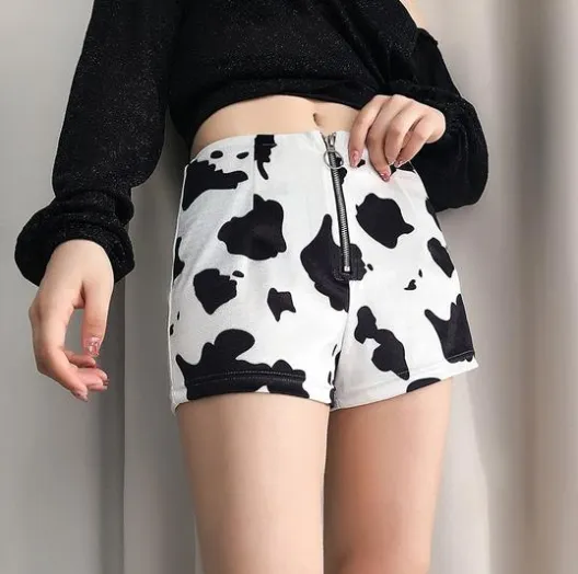 Summer women's new fashion cow print slim zipper shorts women's casual pants