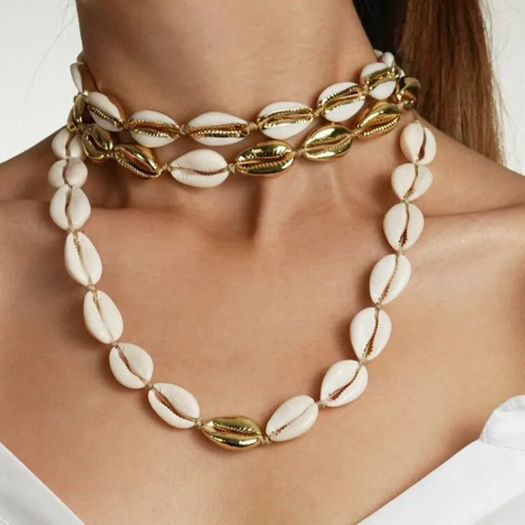 Gold alloy natural shell handmade knotted necklace